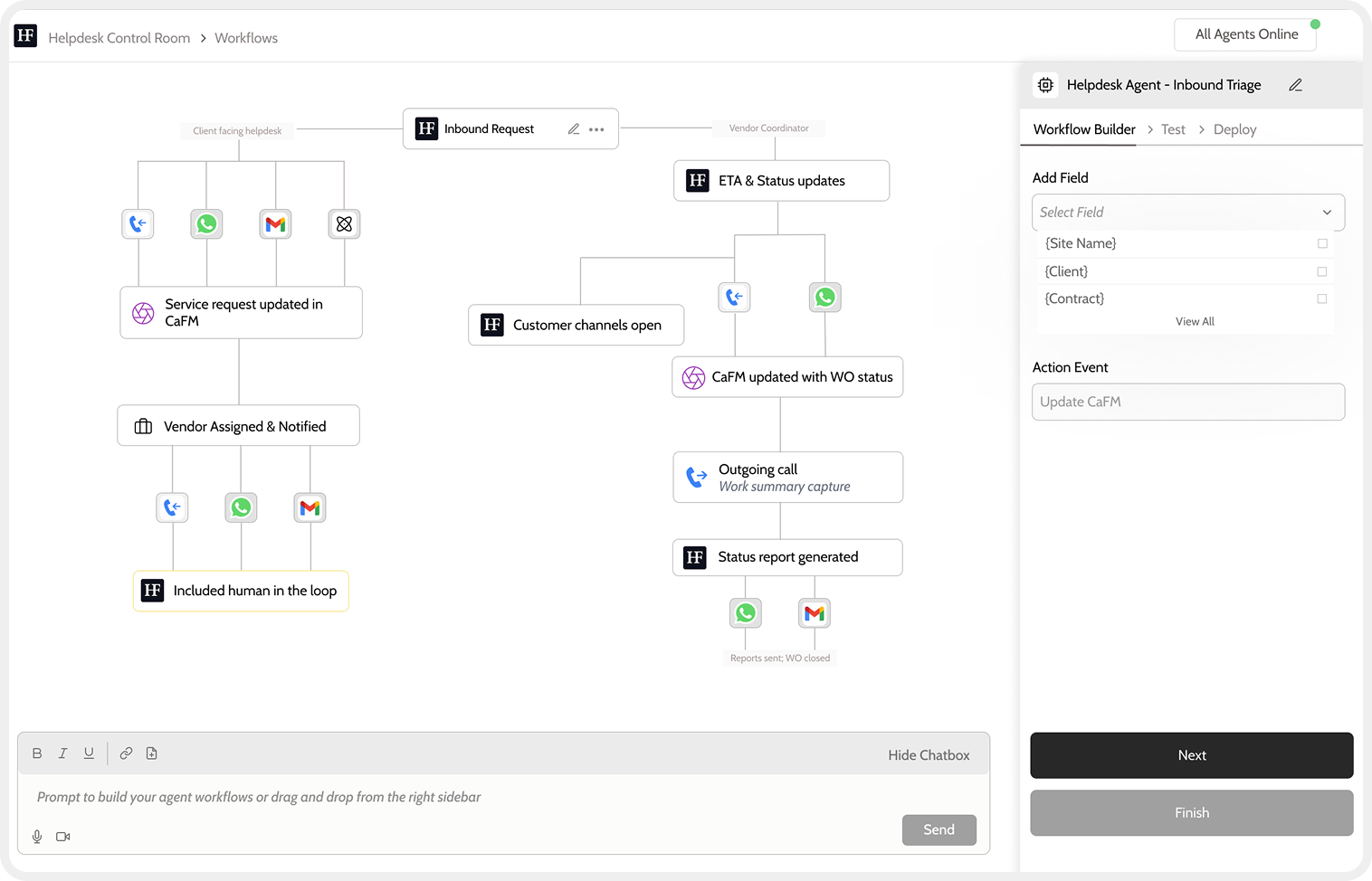 Workflow builder showing the inbound request automation flow