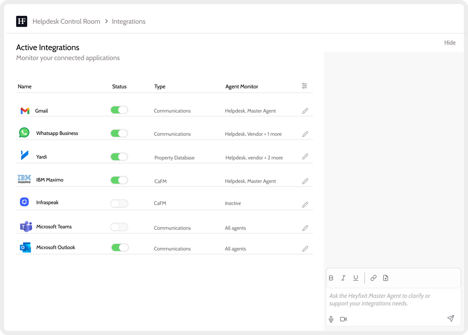 Active integrations dashboard showing connected CMMS/CAFM systems