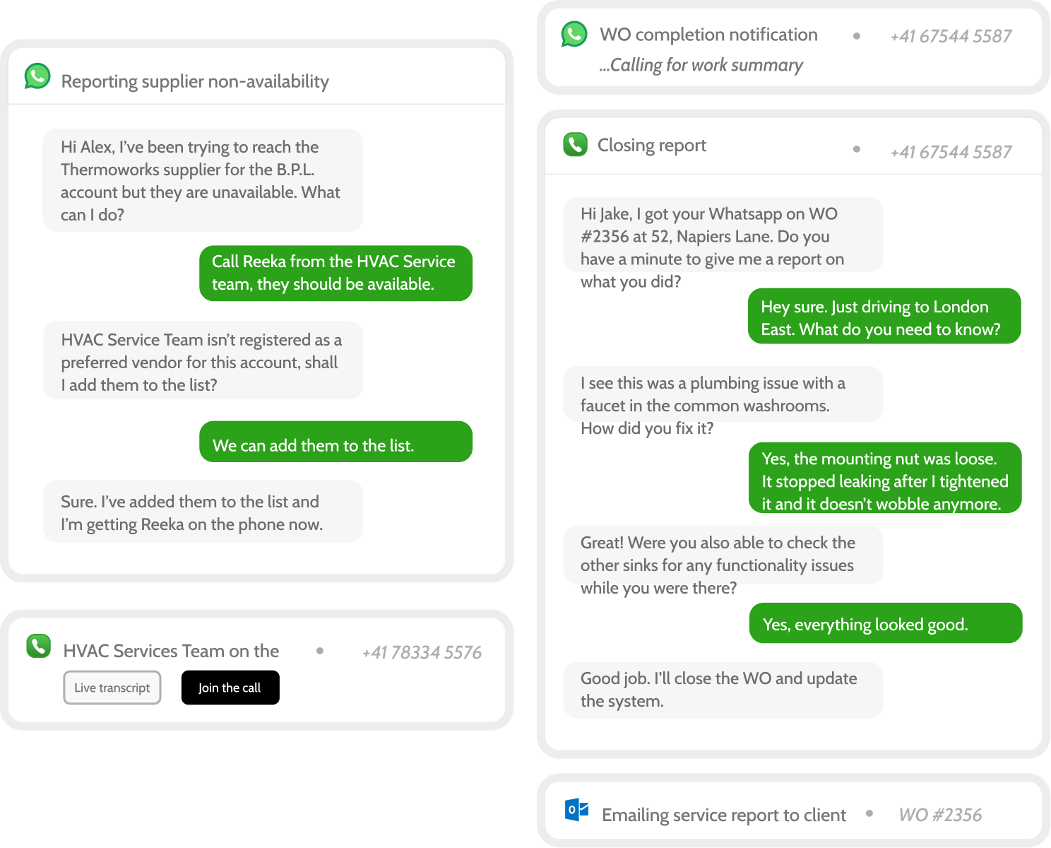Live chat, voice, and WhatsApp interactions for a work order update