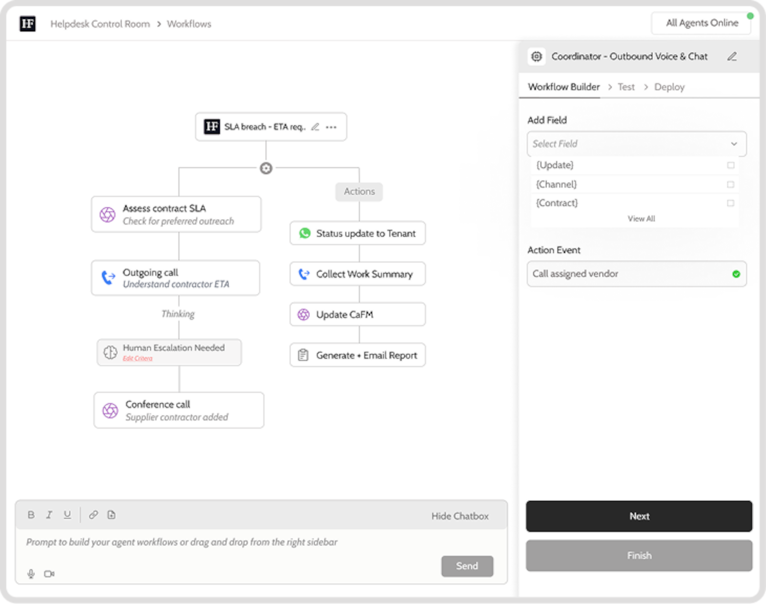 Workflow builder interface showing a logged service request.